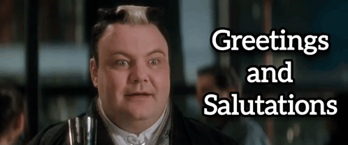 a man with the words greetings and salutations written above him