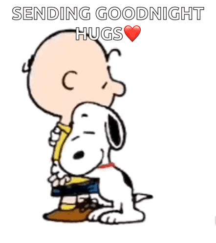 Charlie Brown hugs Snoopy beneath “Sending Goodnight Hugs” and a red heart.