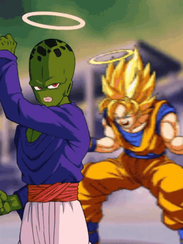 a cartoon character with a halo on his head stands next to a cartoon character with a halo on his head