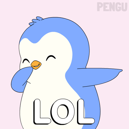 A blue cartoon penguin smiles and covers its mouth beside “LOL.”