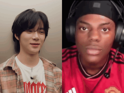 a man wearing headphones next to another man wearing a red shirt that says united