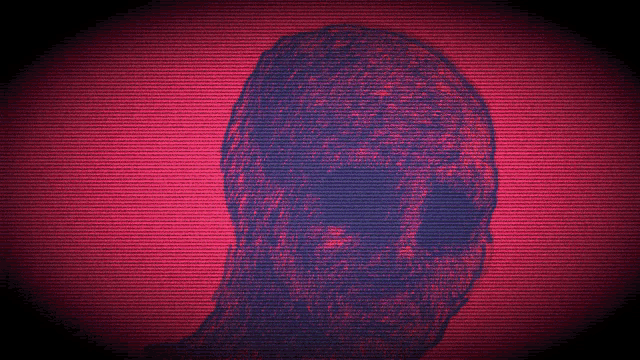 a silhouette of a man 's head is displayed on a red background