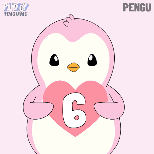 a pink and blue penguin holding a heart with the number 6 on it