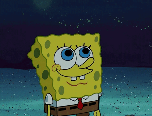 SpongeBob SquarePants smiles in wonder under a starry night sky.