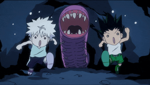 two cartoon characters are running from a purple monster with a large mouth