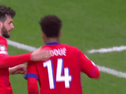 a soccer player wearing a red jersey with the number 14 on it