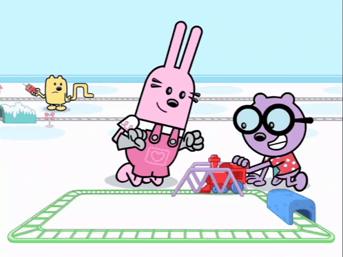 a cartoon of a rabbit and a bear playing with a train
