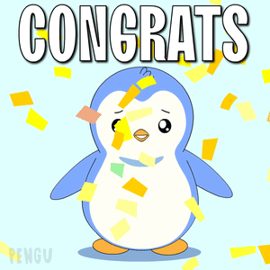 A blue cartoon penguin cheers under a bold CONGRATS caption and yellow confetti.
