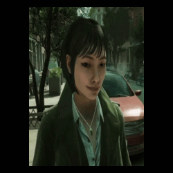 a woman wearing a green coat and a blue shirt is walking down the street