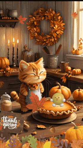 a cat is standing in front of a pumpkin pie and a sign that says happy thanksgiving