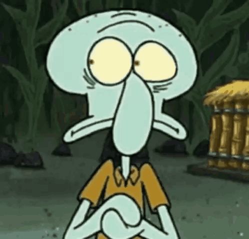 Squidward looks around anxiously in a dark green setting.