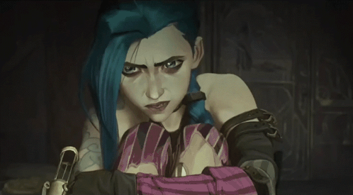 a close up of a cartoon character with blue hair