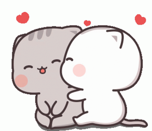 Two cute round cartoon animals lean together with hearts floating overhead.