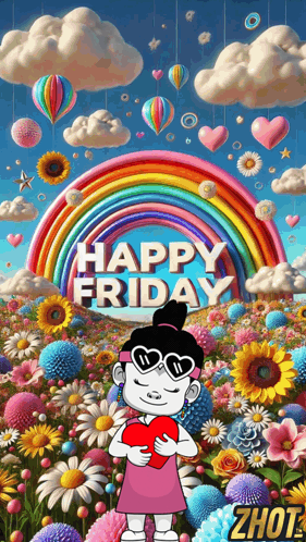 a cartoon girl is holding a heart in front of a rainbow and flowers and the words happy friday