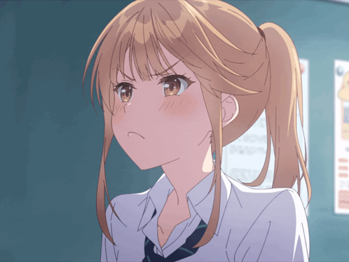 a girl with a ponytail and a white shirt looks angry