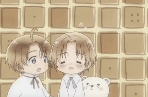 two anime characters are standing next to each other with a teddy bear between them