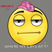 a smiley face with a pink hat on it and the words " can i get a where my gays at ? "