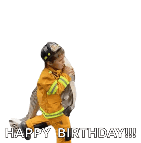 a little boy in a fireman costume is running with a fire hose and the words happy birthday !!!