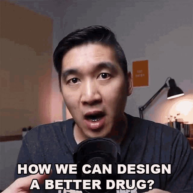 a man is talking into a microphone with the words how we can design a better drug