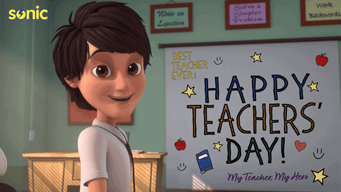 a cartoon boy is standing in front of a whiteboard that says happy teachers day
