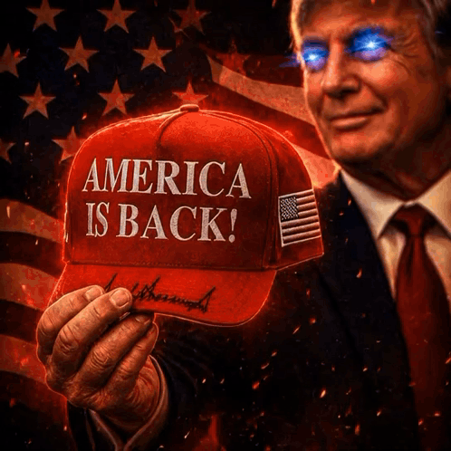 a man in a suit and tie holds up a hat that says america is back