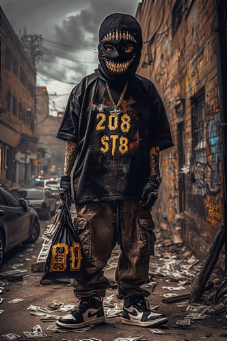 a person wearing a mask and a shirt that says ' 208 st8 ' on it