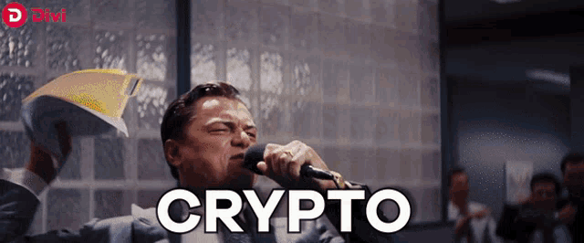a man in a suit singing into a microphone with the word crypto above him