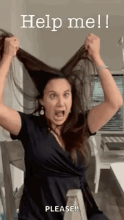 A woman raises both arms in distress beneath the caption “Help me!!”.