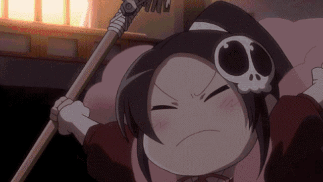 a cartoon character with a skull on her head