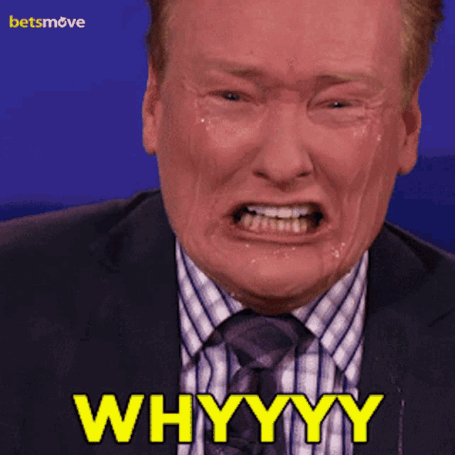 A crying man grimaces beneath a large yellow “WHYYYY.”