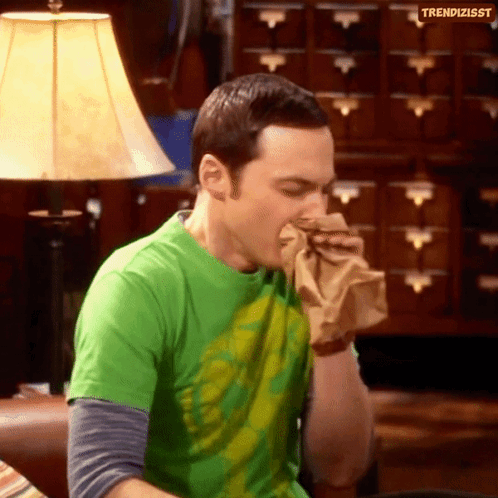 Sheldon Cooper breathes into a paper bag while looking overwhelmed.
