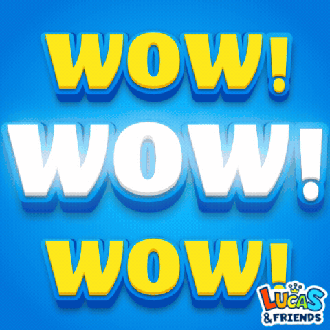 Blue graphic lettering repeats “WOW! WOW! WOW!” on a bright background.