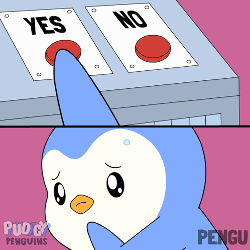 a cartoon of a penguin pressing a yes button next to a no button