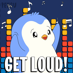 a blue and white penguin with the words get loud written below it