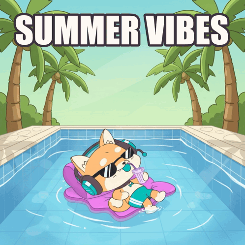 A cartoon dog floats in a pool under the caption “SUMMER VIBES.”