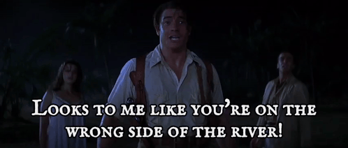 a man in a movie says " looks to me like you 're on the wrong side of the river ! "