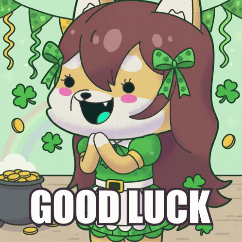 a cartoon of a girl with the words good luck written on the bottom
