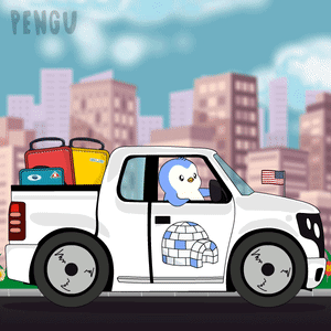 a cartoon of a penguin driving a white truck