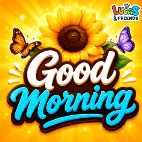 Sunflowers and butterflies frame large colorful “Good Morning” lettering.