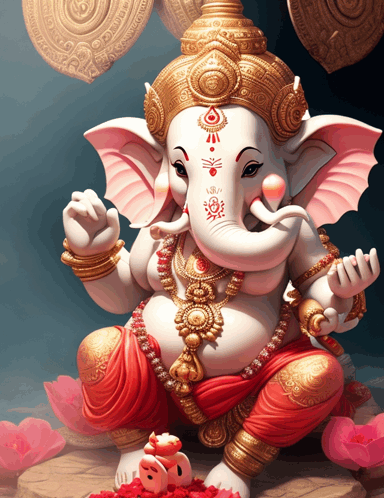 a statue of an elephant with a crown on his head and a circle on his forehead