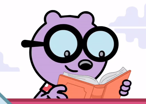a cartoon character wearing glasses is reading an orange book