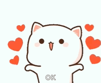 A round white cartoon cat spreads its paws while surrounded by red hearts.