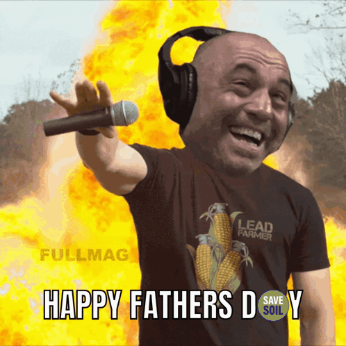 a man wearing headphones holds a microphone in front of a fire and says " happy fathers day "