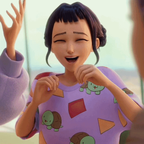 An animated girl in a purple sweater smiles with eyes closed and raises one hand.