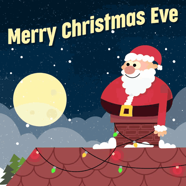 a merry christmas eve card with santa on the roof