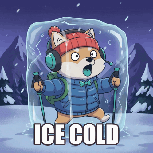 a cartoon of a dog wearing headphones and holding hiking poles with the words ice cold below it