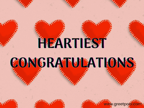 Red hearts fill a pink card reading “HEARTIEST CONGRATULATIONS.”