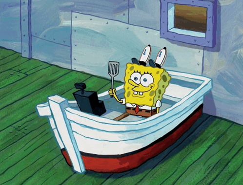 SpongeBob sits alone in a small boat looking bored.