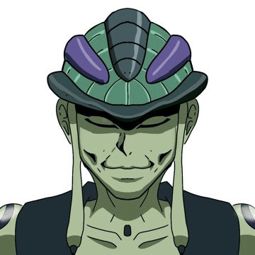 a cartoon drawing of a man wearing a green helmet with purple eyes
