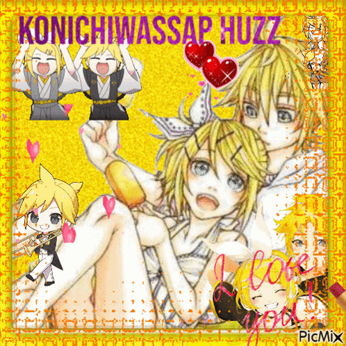 a picture of a boy and a girl with the words konichiwassap huzz on it